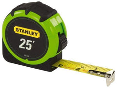Stanley - 25' x 1" Yellow Blade Tape Measure - 1/16" Graduation, Inch Graduation Style, High-Visibility Green/Black Case - USA Tool & Supply