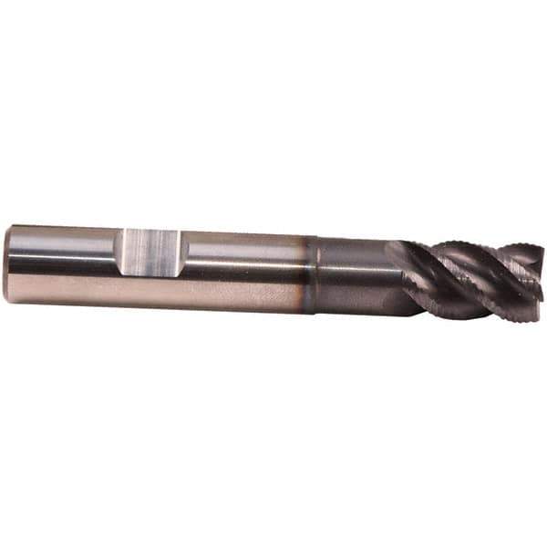 Emuge - 5mm Diam, 9mm LOC, 3 Flute Solid Carbide Roughing & Finishing End Mill - TiAlN Finish, 57mm OAL, 6mm Shank Diam, Weldon Shank, 45° Helix, Centercutting, Regular Length - USA Tool & Supply