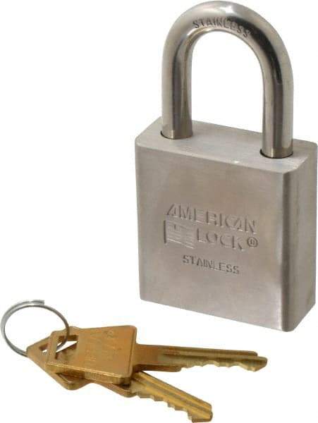 American Lock - 1-1/8" Shackle Clearance, Rekeyable Rekeyable Padlock - 5/16" Shackle Diam, Stainless Steel, with Stainless Steel (32D) Finish - USA Tool & Supply