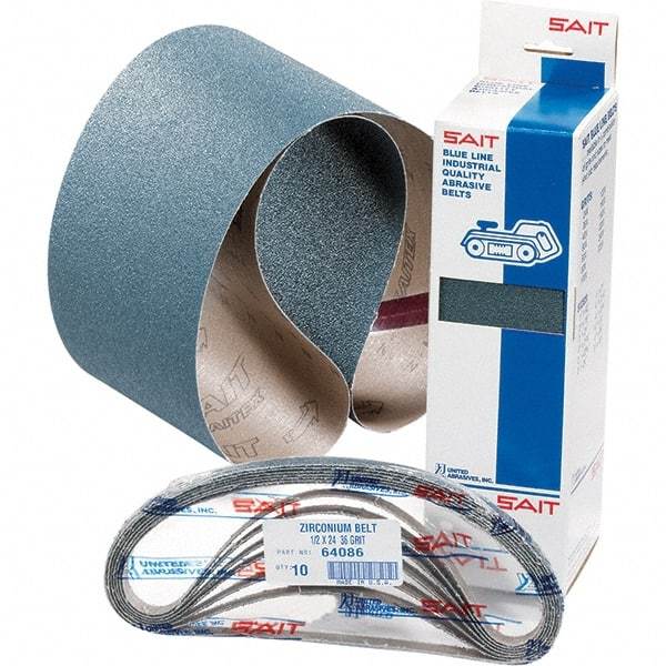 Sait - 1/2" Wide x 18" OAL, 36 FEPA Grit, Zirconia Alumina Abrasive Belt - Zirconia Alumina, Very Coarse, Coated, Y Weighted Cloth Backing, Wet/Dry, Series Z-H - USA Tool & Supply