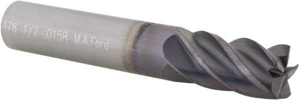 M.A. Ford - 1/2", 5 Flute, Single End, Solid Carbide, 0.015" Corner Radius End Mill - 3" OAL, 38° Helix, Right Hand Flute, 1" LOC, Right Hand Cut - USA Tool & Supply