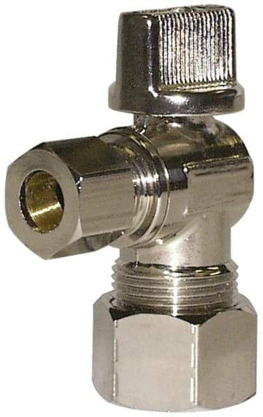 Legend Valve - NPT 1/2 Inlet, 125 Max psi, Chrome Finish, Carbon Steel Water Supply Stop Valve - 3/8 Compression Outlet, Angle, Silver Handle, For Use with Potable Water Applications - USA Tool & Supply