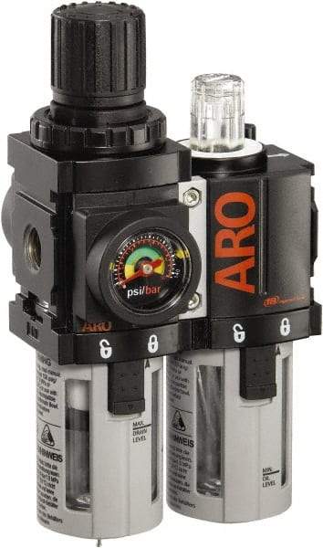 ARO/Ingersoll-Rand - 1/4" NPT Port Miniature 2 Piece Filter/Regulator-Lubricator FRL Unit - Polycarbonate Bowl, 44 SCFM, 150 Max psi, 5.2" High x 3.15" Long, Manual Drain - USA Tool & Supply