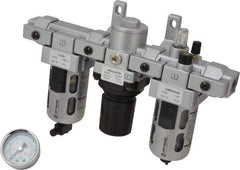 PRO-SOURCE - 1/4" NPT Port Intermediate 3 Piece Filter-Regulator-Lubricator FRL Unit - Polycarbonate Bowl, 46 SCFM, 145 Max psi, 8.66" High, Manual Drain - USA Tool & Supply