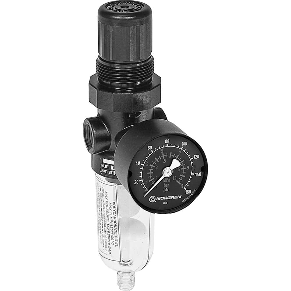 FRL Combination Unit: 1/4 NPT, Standard, 1 Pc Filter/Regulator with Pressure Gauge 225 Max psi, Polycarbonate Bowl, Automatic Drain