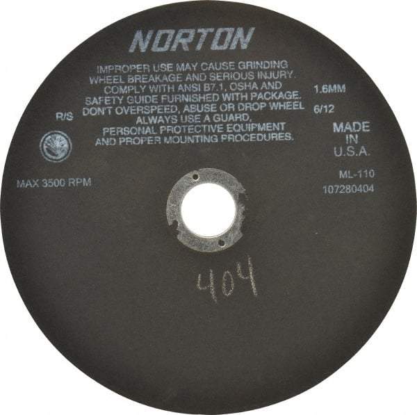 Norton - 10" Aluminum Oxide Cutoff Wheel - 0.063" Thick, 1-1/4" Arbor, 3,500 Max RPM, Use with Stationary Tools - USA Tool & Supply