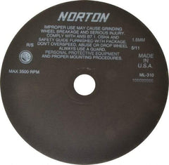 Norton - 10" Aluminum Oxide Cutoff Wheel - 0.063" Thick, 1-1/4" Arbor, 3,500 Max RPM, Use with Stationary Tools - USA Tool & Supply