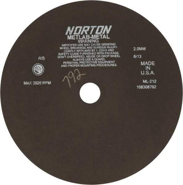 Norton - 12" Aluminum Oxide Cutoff Wheel - 0.078" Thick, 1-1/4" Arbor, 3,820 Max RPM, Use with Stationary Tools - USA Tool & Supply