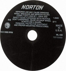 Norton - 9" Aluminum Oxide Cutoff Wheel - 0.063" Thick, 1-1/4" Arbor, 5,085 Max RPM, Use with Stationary Tools - USA Tool & Supply