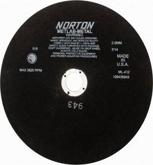 Norton - 12" Aluminum Oxide Cutoff Wheel - 0.078" Thick, 1-1/4" Arbor, 3,820 Max RPM, Use with Stationary Tools - USA Tool & Supply