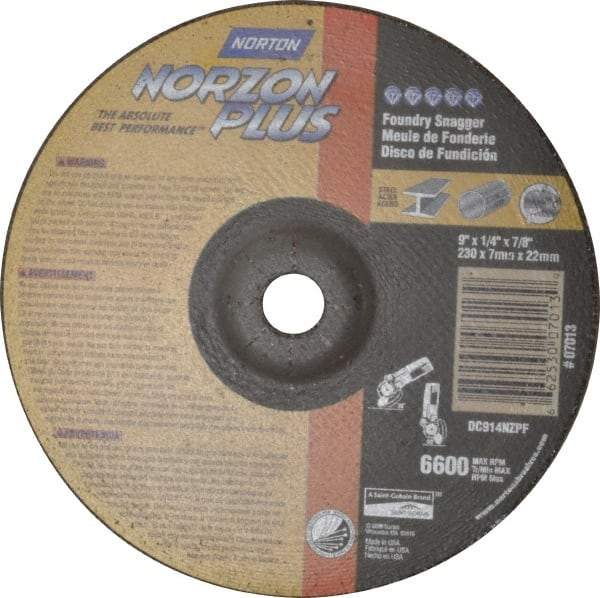 Norton - 9" Wheel Diam, 1/4" Wheel Thickness, 7/8" Arbor Hole, Depressed Center Wheel - Ceramic, Resinoid Bond, 6,600 Max RPM - USA Tool & Supply