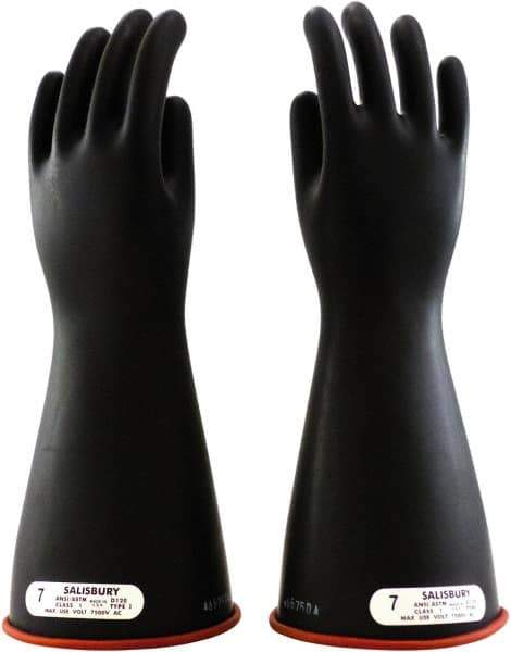 Salisbury by Honeywell - Class 1, Size M (8), 14" Long, Rubber Lineman's Glove - 7,500 AC Max Use Voltage, 10,000 AC Test Voltage, Black, ASTM D120 - USA Tool & Supply