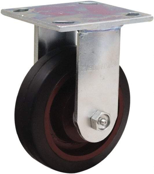 Hamilton - 5" Diam x 1-1/2" Wide x 6-1/8" OAH Top Plate Mount Rigid Caster - Rubber Mold on Cast Iron, 240 Lb Capacity, Straight Roller Bearing, 4 x 4-1/2" Plate - USA Tool & Supply