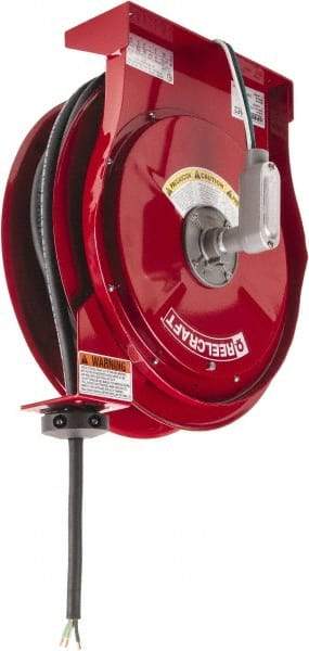 Reelcraft - 10 AWG, 50' Cable Length, Cord & Cable Reel with Flying Lead End - 0 Outlets, 30 Amps, 125 Volts, SEOOW Cable, Red Reel, Spring Driven Reel - USA Tool & Supply