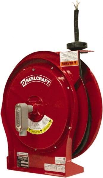 Reelcraft - 12 AWG, 50' Cable Length, Cord & Cable Reel with Flying Lead End - 0 Outlets, 16 Amps, 600 Volts, SEOOW Cable, Red Reel, Spring Driven Reel - USA Tool & Supply