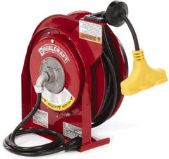 Reelcraft - 12 AWG, 45' Cable Length, Cord & Cable Reel with Triple-Tap Outlet End - 3 Outlets, NEMA 5-15R, 15 Amps, 125 Volts, SJEOOW Cable, Red Reel, Spring Driven Reel - USA Tool & Supply