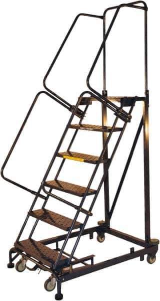 Ballymore - 93" 6 Step Ladder - Rolling Safety Ladder, 600 Lb Capacity, 60" Platform Height, 32" Base Width x 56" Base Depth, Perforated Tread - USA Tool & Supply