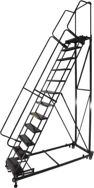 Ballymore - 173" 14 Step Ladder - Rolling Safety Ladder, 600 Lb Capacity, 140" Platform Height, 32" Base Width x 107" Base Depth, Expanded Metal Tread - USA Tool & Supply