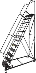 Ballymore - 173" 14 Step Ladder - Rolling Safety Ladder, 600 Lb Capacity, 140" Platform Height, 32" Base Width x 107" Base Depth, Expanded Metal Tread - USA Tool & Supply