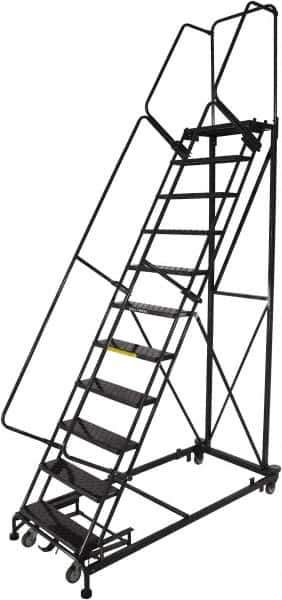 Ballymore - 143" 11 Step Ladder - Rolling Safety Ladder, 600 Lb Capacity, 110" Platform Height, 32" Base Width x 87" Base Depth, Expanded Metal Tread - USA Tool & Supply