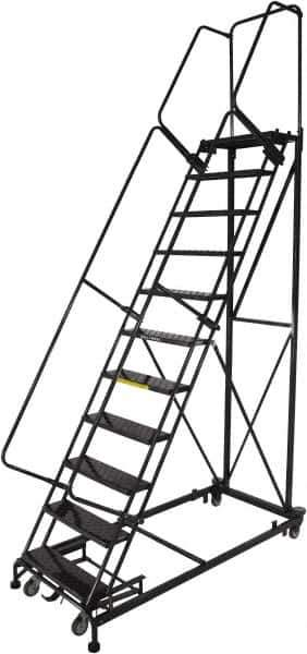 Ballymore - 143" 11 Step Ladder - Rolling Safety Ladder, 600 Lb Capacity, 110" Platform Height, 32" Base Width x 87" Base Depth, Perforated Tread - USA Tool & Supply