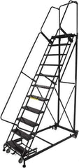 Ballymore - 143" 11 Step Ladder - Rolling Safety Ladder, 600 Lb Capacity, 110" Platform Height, 32" Base Width x 87" Base Depth, Perforated Tread - USA Tool & Supply