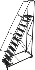 Ballymore - 143" 11 Step Ladder - Rolling Safety Ladder, 600 Lb Capacity, 110" Platform Height, 32" Base Width x 87" Base Depth, Serrated - USA Tool & Supply