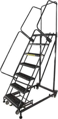 Ballymore - 103" 7 Step Ladder - Rolling Safety Ladder, 600 Lb Capacity, 70" Platform Height, 32" Base Width x 62" Base Depth, Perforated Tread - USA Tool & Supply