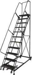 Ballymore - 133" 10 Step Ladder - Rolling Safety Ladder, 600 Lb Capacity, 100" Platform Height, 32" Base Width x 81" Base Depth, Expanded Metal Tread - USA Tool & Supply