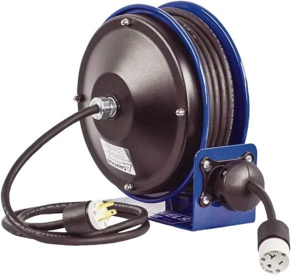 CoxReels - 12 AWG, 30' Cable Length, Cord & Cable Reel with Outlet End - 1 Outlet, NEMA 5-20R, 20 Amps, 115 Volts, SJO Cable, Blue Reel, Spring Driven Reel - USA Tool & Supply