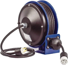 CoxReels - 16 AWG, 30' Cable Length, Cord & Cable Reel with Outlet End - 1 Outlet, NEMA 5-15R, 13 Amps, 115 Volts, SJO Cable, Blue Reel, Spring Driven Reel - USA Tool & Supply