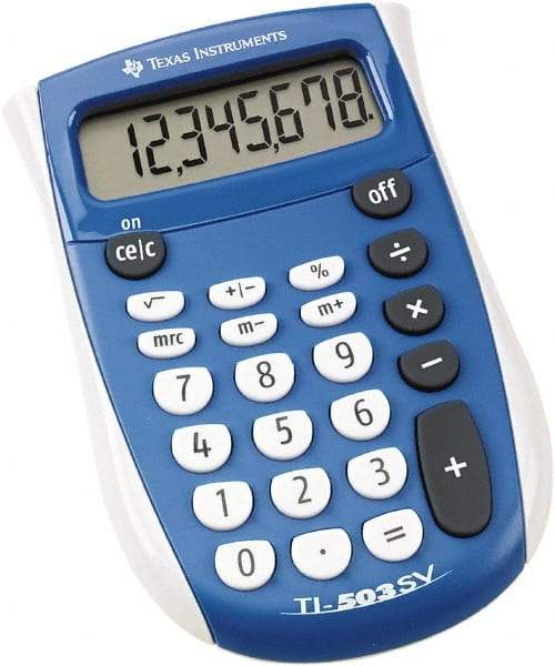 Texas Instruments - LCD Handheld Calculator - 2-5/8 x 4-3/8 Display Size, Blue & White, Battery Powered, 1" Long x 4-1/2" Wide - USA Tool & Supply