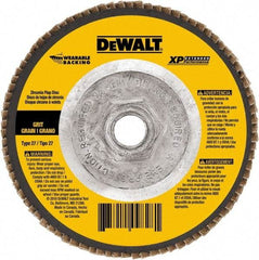 DeWALT - 60 Grit, 4-1/2" Disc Diam, 5/8-11 Center Hole, Type 27 Zirconia Alumina Flap Disc - 13,300 Max RPM, Cloth Backing, Arbor Attaching System, Coated - USA Tool & Supply
