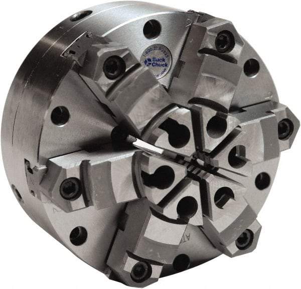 Buck Chuck Company - 6 Jaws, 12" Diam, Self Centering Manual Lathe Chuck - Plain Back Mount Spindle, Adjustable, Reversible, 1,100 Max RPM, 4-1/16" Through Hole Diam, Cast Iron - USA Tool & Supply