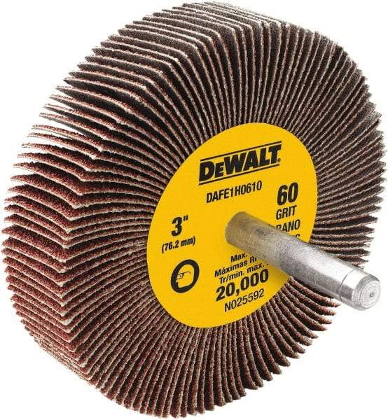 DeWALT - 3" Diam x 1" Face Width, Medium Aluminum Oxide Coated Mounted Flap Wheel - 1/4" Shank Mount, 60 Grit, Cloth Backing, 20,000 Max RPM - USA Tool & Supply