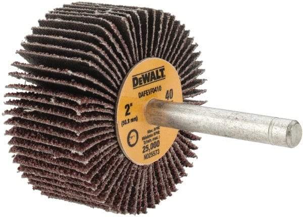 DeWALT - 2" Diam x 1" Face Width, Coarse Aluminum Oxide Coated Mounted Flap Wheel - 1/4" Shank Mount, 40 Grit, Cloth Backing, 25,000 Max RPM - USA Tool & Supply