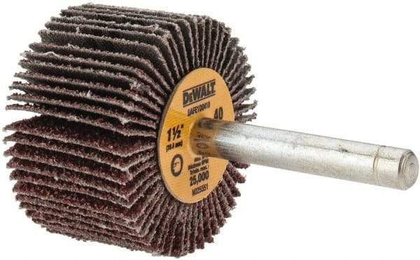 DeWALT - 1-1/2" Diam x 1" Face Width, Coarse Aluminum Oxide Coated Mounted Flap Wheel - 1/4" Shank Mount, 40 Grit, Cloth Backing, 25,000 Max RPM - USA Tool & Supply