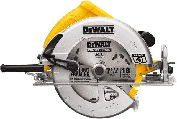 DeWALT - 15 Amps, 7-1/4" Blade Diam, 5,200 RPM, Electric Circular Saw - 120 Volts, 5/8" Arbor Hole, Right Blade - USA Tool & Supply