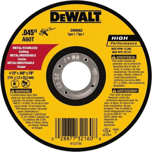 DeWALT - 4-1/2" 60 Grit Aluminum Oxide Cutoff Wheel - 0.045" Thick, 7/8" Arbor, 13,300 Max RPM, Use with Angle Grinders - USA Tool & Supply