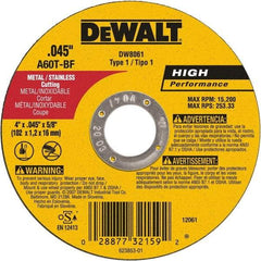 DeWALT - 4" 60 Grit Aluminum Oxide Cutoff Wheel - 0.045" Thick, 5/8" Arbor, 15,200 Max RPM, Use with Angle Grinders - USA Tool & Supply