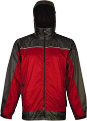 Viking - Size 3XL, Red & Charcoal, Rain, Wind Resistant Rain Jacket - 55" Chest, 3 Pockets, Attached Hood - USA Tool & Supply