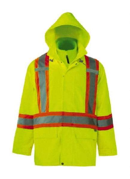 Viking - Size 3XL, High Visibility Lime, Rain, Wind Resistant Jacket - 55" Chest, 3 Pockets, Detachable Hood - USA Tool & Supply