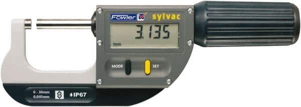 Fowler - 2.6 to 4" Range, 0.00005" Resolution, Standard Throat IP67 Electronic Outside Micrometer - 0.0002" Accuracy, Ratchet Stop Thimble, Carbide Face, CR2032 Battery - USA Tool & Supply