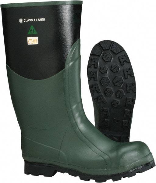 Viking - Men's Size 12 Medium Width Steel Knee Boot - Green, Black, Rubber Upper, Nitrile Rubber Outsole, 15" High, Non-Slip, Waterproof, Electric Shock Resistant - USA Tool & Supply