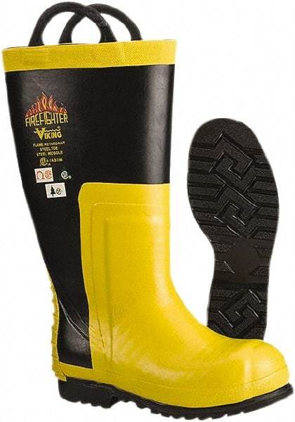 Viking - Men's Size 7 Medium Width Steel Work Boot - Black, Yellow, Rubber Upper, Nitrile Rubber Outsole, 14" High, Non-Slip, Chemical Resistant, Waterproof, Electric Shock Resistant - USA Tool & Supply