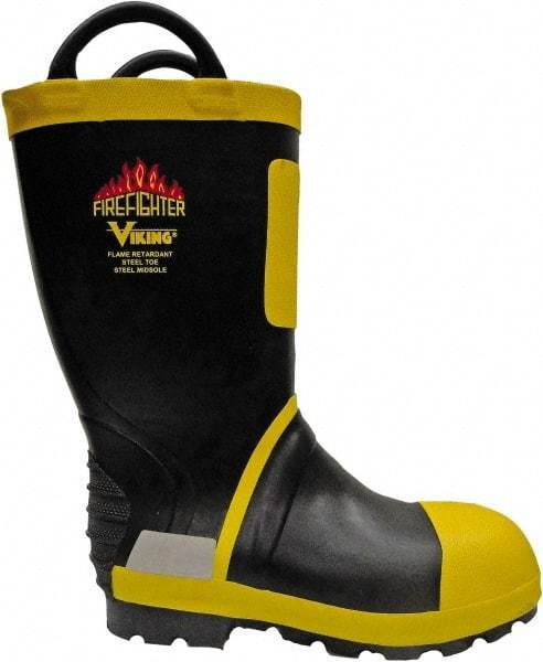 Viking - Men's Size 9 Medium Width Steel Work Boot - Black, Yellow, Rubber Upper, Nitrile Rubber Outsole, 14" High, Non-Slip, Waterproof - USA Tool & Supply