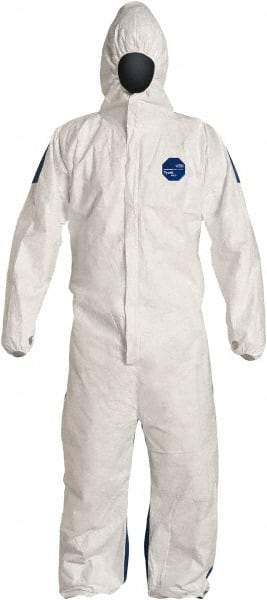 Dupont - Size XL Film Laminate General Purpose Coveralls - White/Blue, Zipper Closure, Elastic Cuffs, Elastic Ankles, Serged Seams, Hazard Level D & C - USA Tool & Supply