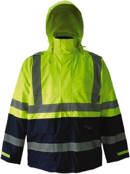 Viking - Size 4XL, High Visibility Lime & Navy, Rain, Wind Resistant Jacket - 58" Chest, 4 Pockets, Detachable Hood - USA Tool & Supply