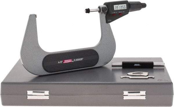 SPI - 4 to 5" Range, 0.00005" Resolution, Standard Throat IP54 Electronic Outside Micrometer - 0.00024" Accuracy, Friction Thimble, Carbide-Tipped Face, LR44 Battery, Includes NIST Traceable Certification of Inspection - USA Tool & Supply