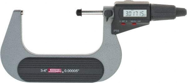 SPI - 3 to 4" Range, 0.00005" Resolution, Standard Throat IP54 Electronic Outside Micrometer - 0.0002" Accuracy, Friction Thimble, Carbide-Tipped Face, LR44 Battery, Includes NIST Traceable Certification of Inspection - USA Tool & Supply